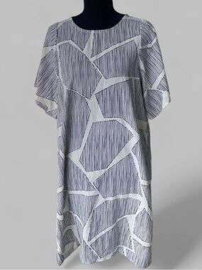 Mary Square - Striped Geometric Shift Dress - Navy and White